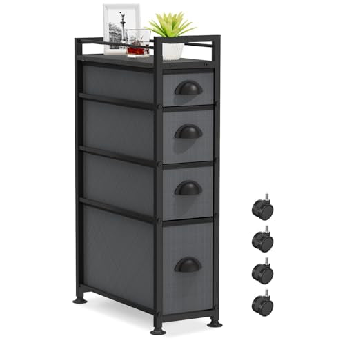 LASZOLA 4 Drawer Narrow Slim Cabinet Skinny Storage Tower Chest, Ideal for Small Spaces, Between Washer and Dryer, Lightweight Mobile on Wheels, Sturdy Fabric Drawers - color: Grey, size: 17.1"D x 7.9"W x 29.5"H (4 Drawers)