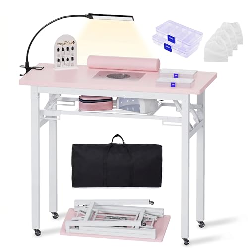 Portable Foldable Manicure Table with Dust Collector, Rolling Nail Tech Desk with LED Lamp, Wrist Rest, Lockable Wheels & Carrying Case for Home Salon, Travel & Mobile Nail Techs (Pink) - color: Pink