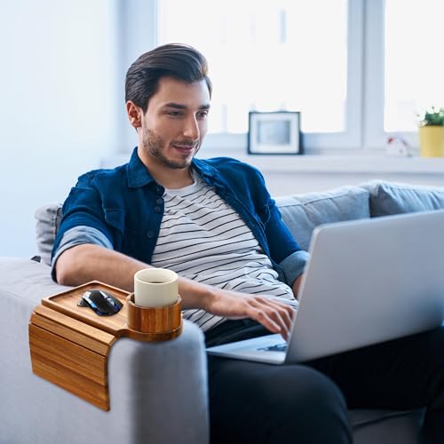 Couch Cup Holder Tray,Acacia Wood Couch Arm Table with Phone Holder, Large Foldable Sofa Arm Tray for Drink Snacks Table - color: Acacia Wood