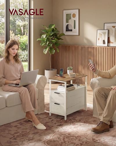 VASAGLE Side End Table with Charging Station, Slim Nightstand with 2 Drawers, Narrow Bedside Table for Living Room, Small Spaces, Honey Brown and Rustic White ULET321W01V1S - color: Honey Brown + Rustic White, size: 23.6"D x 11.8"W