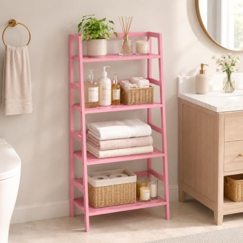 Homykic Bamboo Ladder Bookshelf, 4-Tier Ladder Shelf Open Book Shelf Freestanding Bookcase Bathroom Storage Rack Plant Stand for Living Room, Bedroom, Office, Easy Assembly, Pink - color: Pink