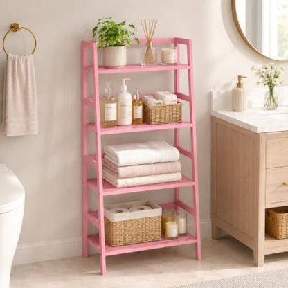 Homykic Bamboo Ladder Bookshelf, 4-Tier Ladder Shelf Open Book Shelf Freestanding Bookcase Bathroom Storage Rack Plant Stand for Living Room, Bedroom, Office, Easy Assembly, Pink - color: Pink