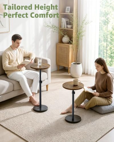 Adjustable Drink Table Marble Base, Small Round Side Table, Pedestal Side Table for Small Spaces in Living Room, Bedroom, Sofa Couch, Brown & Black