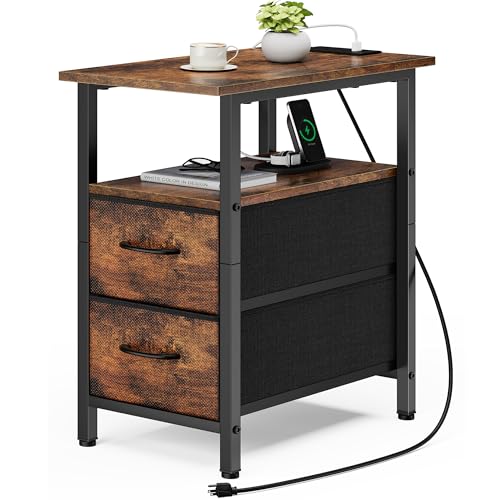 Vagusicc End Table with Charging Station, Narrow Side Table, 23.8'' Tall Nightstand with 2 Fabric Drawers, Small Sofa Side Table Narrow Nightstand for Small Spaces, Bedroom, Bedside, Rustic Brown - color: Rustic Brown, size: 1, style: Ordinary