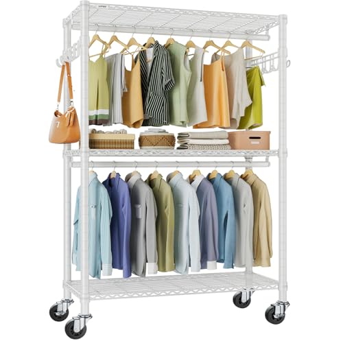 VIPEK R2 Plus Rolling Garment Rack 3 Tiers Adjustable Wire Shelving Clothes Racks with Wheels, Freestanding Wardrobe Storage Rack Heavy Duty Metal Clothing Racks for Hanging Clothes, White - color: White, size: R2 Plus