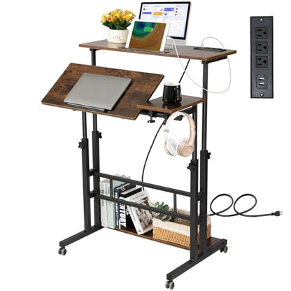 Hadulcet Mobile Standing Desk Adjustable Height, Rolling Desk Stand Up Desk, Mobile Laptop Desk, Rolling Computer Desk with Charging Station, Portable Desk with Wheels, Rustic Brown - color: Rustic Brown, size: 31.5" With Charging Station