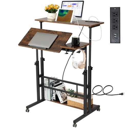 Hadulcet Mobile Standing Desk Adjustable Height, Rolling Desk Stand Up Desk, Mobile Laptop Desk, Rolling Computer Desk with Charging Station, Portable Desk with Wheels, Rustic Brown - color: Rustic Brown, size: 31.5" With Charging Station