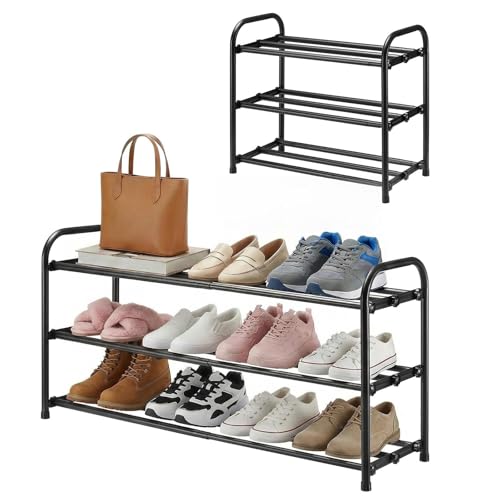 3-Tier Expandable Shoe Rack, Adjustable Shoe Shelf Storage Organizer Durable Metal Free Standing Shoe Rack for Entryway Closet Doorway (Black) - size: 3 Tier