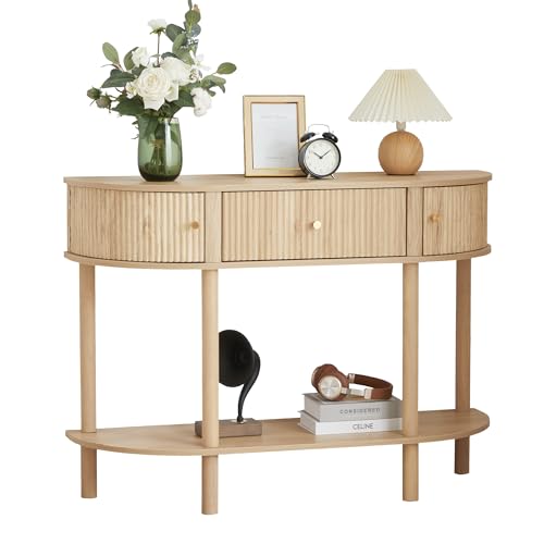 XUZENEST 43.3“ Fluted Half Moon Console Table, Modern Entryway Console Sofa Table with Storage, Narrow Wood Accent Tables Behind Couch Tables for Living Room, Hallway, Foyer(Natural) - color: 43.3 Half Moon Natural
