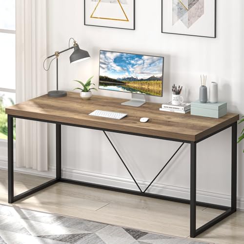 FOLUBAN Industrial Computer Desk, Rustic Wood and Metal Writing Desk, Vintage PC Table for Home Office, Oak 60 inch - color: Oak, size: 60 inch