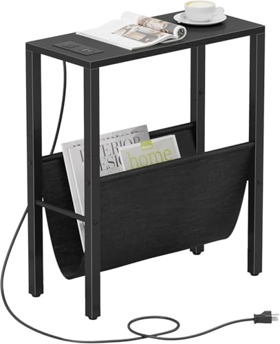 Narrow End Table with Charging Station, Narrow Nightstand with USB Ports & Outlet, Slim Sofa Side Table, Black End Table, Small Side Table for Small Spaces, Living Room, Bedroom, Black - color: Black