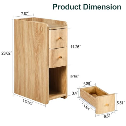 Narrow Nightstand Set of 2, Wooden Small 2 Drawer Nightstand, Slim Side End Table, Skinny Bedside Table, Mid Century Modern Night Stand with Drawers, for Living Room (Natural 2-2 pcs) - color: Natural 2-2 Pcs