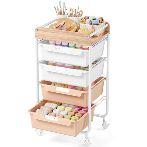 Rolling Craft Storage Cart with 4 Drawers,Utility Cart with Drawers,Art Craft Organizers and Storage,Kids Craft Cart,Kids Art Cart With DIY Lable and Wooden Tabletop Area, Pearl - color: Pearl, size: 4-Drawer