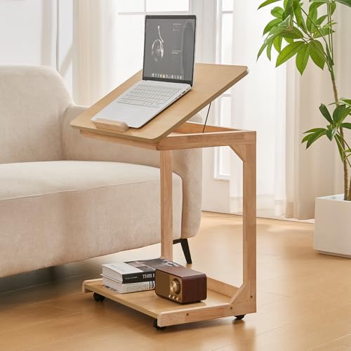 Uniclinens Rolling Side Table Desk Sofa - C Shape Couch End Table with Wheels, Mobile Wooden Slim Sofa Tray, Movable Small Couch Desk for Living Room Bedroom, Natural - color: Natural, style: Style 4
