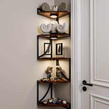 HAAYOT Corner Shelf Wall Mounted with Lights, 5-Tier Floating Metal Shelves for Living Room, Bedroom, Rustic Brown