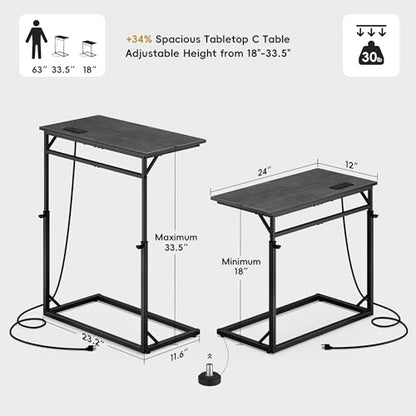 Vagusicc C Shaped End Table with Charging Station, Large C-Table End Table Adjustable Height Side Table for Couch, Sofa Table Slide Under Couch Table TV Tray Table for Living Room, Bedroom,Gray Walnut - color: Gray Walnut, style: With Plug