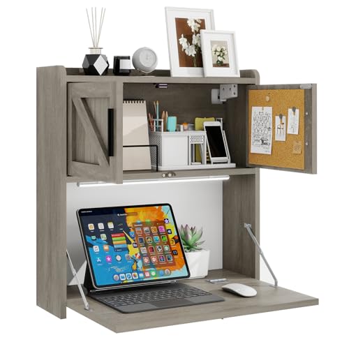 ARTETHYS Wall Mounted Desk Folding with Light Drop Down Hanging Desk,Gray | 3 Color Adjustable Light, Fold Down Computer Desk, Writing Workstation with Storage Compartment, Space Saving for Home Office - color: Grey