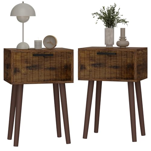 YMYNY Fluted Nightstand Set of 2, Small End Table, Modern Coffee Table with Drawer, Solid Wood Legs, Retaining Chain, 13.8" x 10.6" x 20.9", for Bedroom and Small Spaces, Rustic Brown UHST014H-2 - color: Rustic Brown