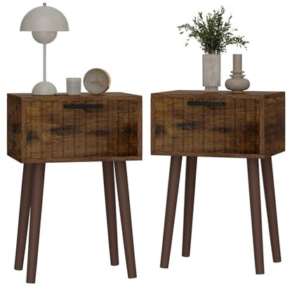 YMYNY Fluted Nightstand Set of 2, Small End Table, Modern Coffee Table with Drawer, Solid Wood Legs, Retaining Chain, 13.8" x 10.6" x 20.9", for Bedroom and Small Spaces, Rustic Brown UHST014H-2 - color: Rustic Brown