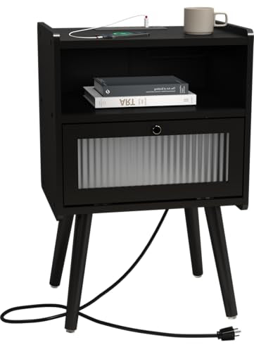 Mid Century Modern Nightstand with Charging Station, Bedside Tables with Glass Decorative Door, End Table Side Table with 2 Tiers Storage Space, for Bedroom, Living Room, Black - color: Black, size: Hinged Door