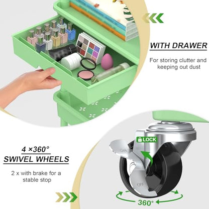 Goovilla 4 Tier Rolling Utility Cart Organizer with Removable Drawer, Stable and Sturdy Green Rolling Storage Carts with 2 Lockable Wheels for Bathroom, Kitchen, Snack, Craft, Makeup, Baby Essentials - size: 4 Tier, style: Green