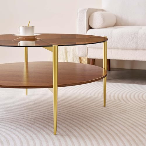 LumFurn Extra Large Round Coffee Table, Mid-Century Modern Design, D34 x H17 in, for Living Room, 2-Tier Structure, Amber Glass Top and Walnut MDF Shelf, Sleek Conical Metal Legs with Gold Finish - color: Amber & Walnut, size: D34" Round Coffee Table