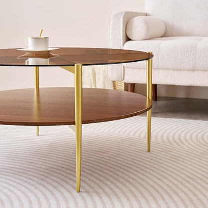 LumFurn Extra Large Round Coffee Table, Mid-Century Modern Design, D34 x H17 in, for Living Room, 2-Tier Structure, Amber Glass Top and Walnut MDF Shelf, Sleek Conical Metal Legs with Gold Finish - color: Amber & Walnut, size: D34" Round Coffee Table