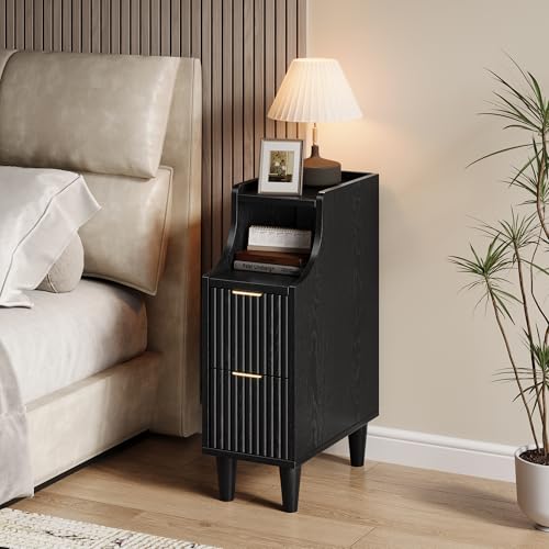 7.9" Narrow Fluted Nightstand Set of 2,Slim Side End Table with 2 Drawers,Black Modern Bedside Table,Skinny Night Stand for Small/Compact Space, Motorhome (Black) - color: Black