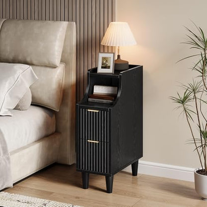 7.9" Narrow Fluted Nightstand Set of 2,Slim Side End Table with 2 Drawers,Black Modern Bedside Table,Skinny Night Stand for Small/Compact Space, Motorhome (Black) - color: Black