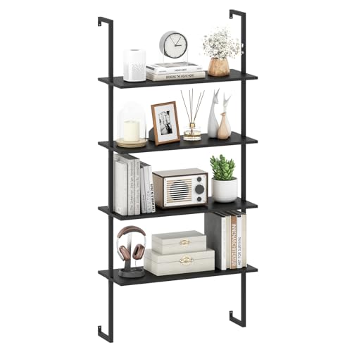 Tangkula 4-Tier Wall-Mounted Bookshelf, Industrial Modern Floating Storage Display Shelves with Metal Frame, Wall-Mounted Ladder Wooden Bookcase for Living Room, Kitchen, Bar, Office (1, Black) - color: Black