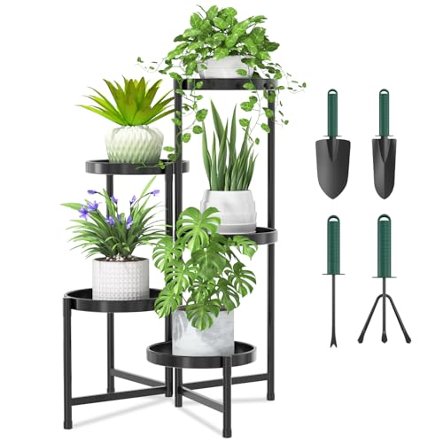 iDavosic.ly 5 Tier Large Plant Stand with Garden Tools, Tiered Corner Metal Indoor Outdoor Flower Display Holder Shelf with 10 Inch Wide Tray, Folding Tall Rack for Patio Porch Living Room, Black - color: Black with Tools, size: 5 Tiers