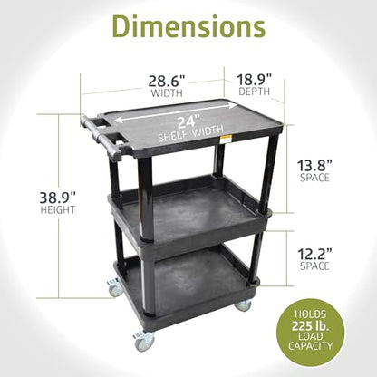 Pearington 3-Shelf Multipurpose Mobile Utility Cart with 2 Bins and Lockable Wheels, Heavy-Duty Plastic Rolling Presentation Cart for Offices and Warehouses, Black - size: 3 Bin Shelves