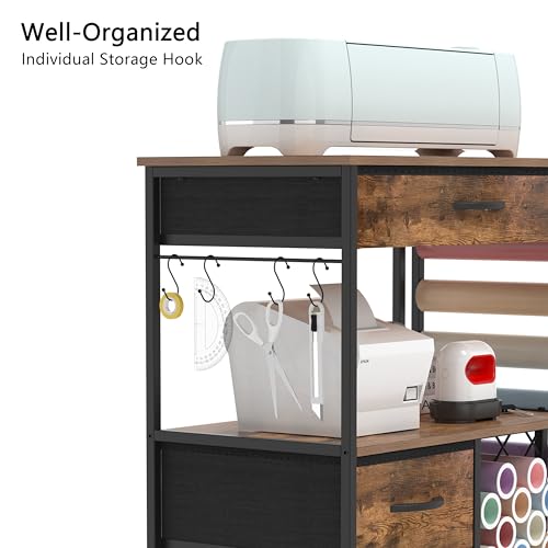 VENNQD Storage Cart Compatible with Cricut Machines Stand Cutting Machine Stand with Drawers and Vinyl Roll Holder Rolling Craft Cabinet Table for Cricut Craft Workstation (Rustic Brown) - color: Rustic Brown