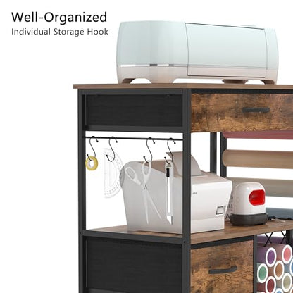 VENNQD Storage Cart Compatible with Cricut Machines Stand Cutting Machine Stand with Drawers and Vinyl Roll Holder Rolling Craft Cabinet Table for Cricut Craft Workstation (Rustic Brown) - color: Rustic Brown