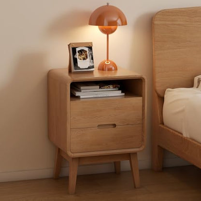 Solid Wood Nightstand Set of 2, Mid Century Modern Nightstand with Drawers, Natural Wood Nightstand with Storage, Wooden Night Stand, Small Nightstands, Bedside Table for Bedroom(23.23" H) - color: Natural Oak, style: 2 Drawer & Open Storage-2