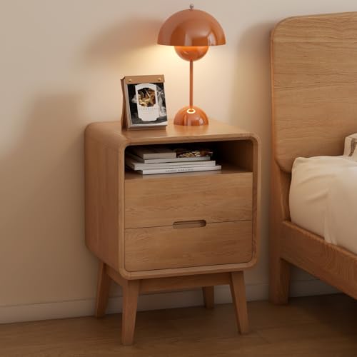 Solid Wood Nightstand Set of 2, Mid Century Modern Nightstand with Drawers, Natural Wood Nightstand with Storage, Wooden Night Stand, Small Nightstands, Bedside Table for Bedroom(23.23" H) - color: Natural Oak, style: 2 Drawer & Open Storage-2