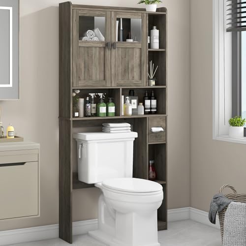 Vabches Over The Toilet Storage Cabinet with Doors and Shelves, Grey | Freestanding Home Space Save Toilet Rack, with Adjustable Shelves for Restroom, Bathroom, Laundry - color: Grey, size: W31.69''