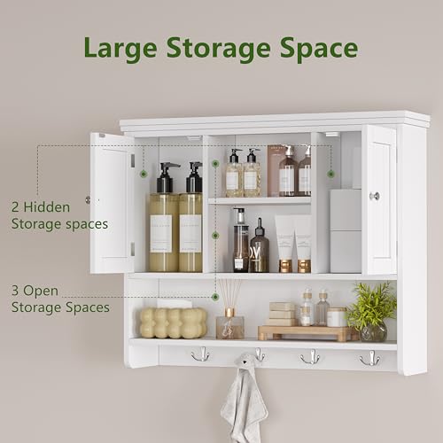 Bathroom Wall Cabinet with Doors and Hooks, 3-Tier Wall Mounted Cabinet | Modern Medicine Cabinet with 3 Open Shelves, Over the Toilet Storage Cabinet for Kitchen, Laundry Room, Living Room, White - color: White