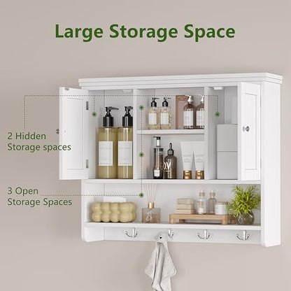 Bathroom Wall Cabinet with Doors and Hooks, 3-Tier Wall Mounted Cabinet | Modern Medicine Cabinet with 3 Open Shelves, Over the Toilet Storage Cabinet for Kitchen, Laundry Room, Living Room, White - color: White