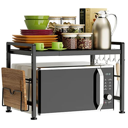 YIUKEA Extendable Microwave Oven Rack - Adjustable Kitchen counter shelf, 2 Tier Microwave Stand (L15.7~23.6" xW12.8 xH17.7) with 6 Hooks for Kitchen Countertop Organizer (Black) - color: Black