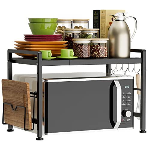 YIUKEA Extendable Microwave Oven Rack - Adjustable Kitchen counter shelf, 2 Tier Microwave Stand (L15.7~23.6" xW12.8 xH17.7) with 6 Hooks for Kitchen Countertop Organizer (Black) - color: Black