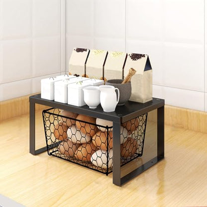 Stackable Cabinet Shelf Organizer Counter Storage Spice Rack Metal Space Saving for Kitchen Pantry Cupboard Countertop Bathroom Bedroom Under Sink Office, Black - Medium - size: Medium, Pack 1