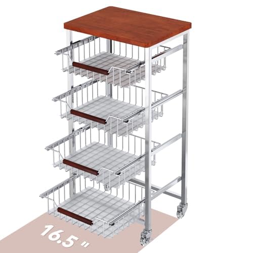 5-Tier Rolling Fruit & Vegetable Storage Cart with Drawers, Extra-Thick Metal Kitchen Organizer Cart on Wheels, Fruit Basket Stand& Fruteros para Cocina, Narrow Pantry Cart for Storage - size: 5-Tier Extra-Thick