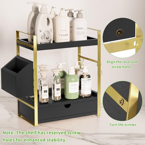 2-Tier Bathroom Counter Organizer, Wooden Vanity Shelf with Drawer & Basket | Pre-Drilled Holes, Skincare & Makeup Countertop Organizer and storage, Black-gold - color: Black-gold