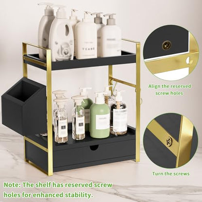 2-Tier Bathroom Counter Organizer, Wooden Vanity Shelf with Drawer & Basket | Pre-Drilled Holes, Skincare & Makeup Countertop Organizer and storage, Black-gold - color: Black-gold