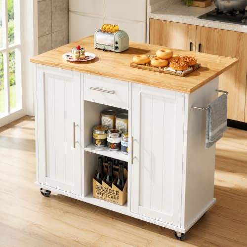 JY QAQA 42" Rolling Kitchen Island Cart with Storage, Drop Leaf Countertop, Drawers & Towel Rack, Mobile Kitchen Table on Wheels for Kitchen Dining Room, White - color: White