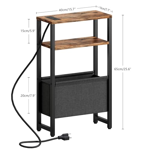 Narrow Side Table with Charging Station Slim End Table Sofa with Magazine Rack, Bedside Table for Small Spaces, 3 Tier Nightstand for Living Room Couch, Bedroom Rustic Brown LET503RE - color: Rustic Brown, style: With Charging Station
