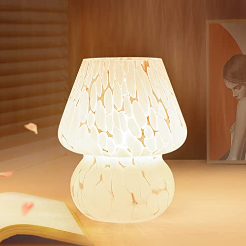 ONEWISH Mushroom Lamp Small Bedside Table Lamp-Nightstand Nightlight Dimmable Stepless, Translucent Glass White Desk Lamp for Bedroom Dorm Living Kitchen, Murano Style Aesthetic Cute Home Decor - color: white-1pack