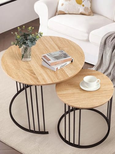 YORKING Nesting Coffee Table Set of 2, Round Table Set, Morden End Side Night Stand for Bedroom Dining Room （Wood） - color: Wood