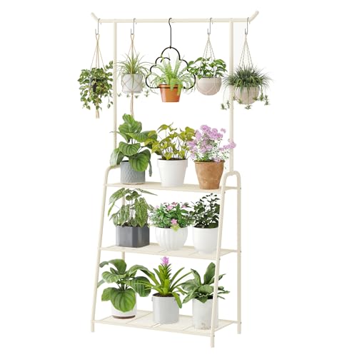 Metal Plant Stand Indoor Outdoor, 3 Tier Tall Corner Plant Shelf, Hanging Flower Ladder for Living Room, Balcony, Garden, Patio (White) - color: White